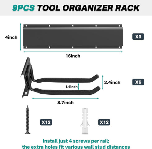 6 450lb, 48inch EVERHANGER Garage Tool Storage Organizer, Wall Mount Garden Tool Rack Organization, Heavy Duty Folding