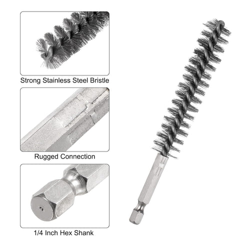 5Pcs Bore Brush Stainless Steel 15mm Dia Cleaning Twisted Wire Brush with Handle, 1/4 Inch Hex Shank
