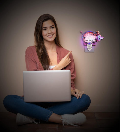 Puzzled Glass Pig Night Light - Decorative Glass Art Animal Night Light for Kids with On and Off Switch, Cute Lamp