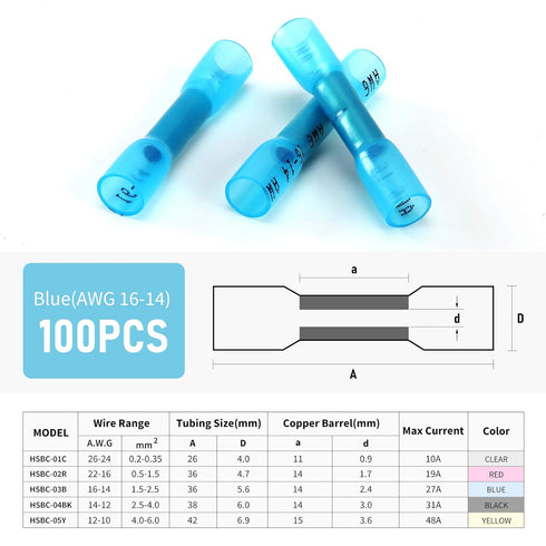 Heat Shrink Butt Wire Connectors, 100Pcs 16-14 AWG Blue Insulated Waterproof Electrical Wire Crimp Terminals