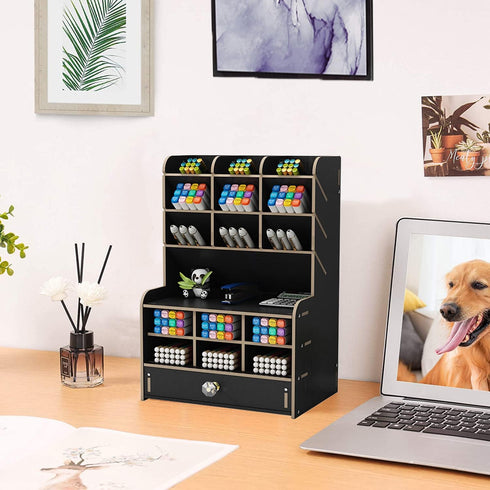 Marbrasse Black Wooden Desk Organizer, Multi-Functional Pen Holder, Storage Rack for School Home Office Art Supplies