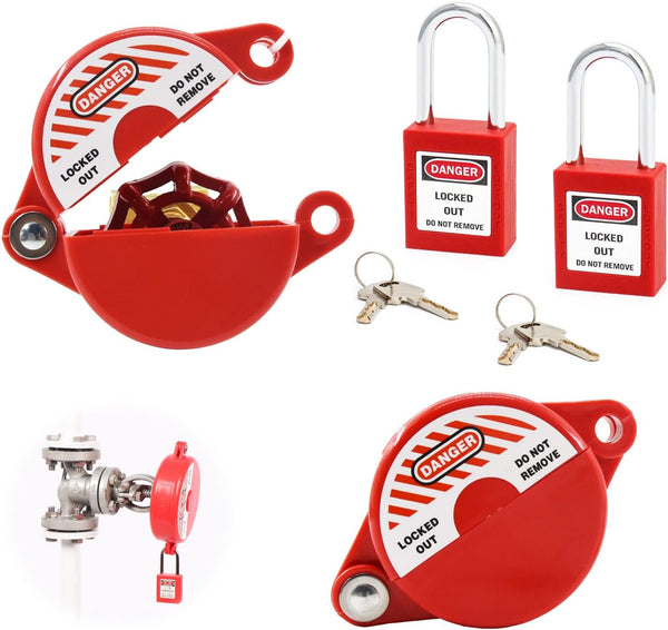 Gate Valve Lockout and Safety Padlock, 2 Sets, Hose Bib Lock for Outdoor Faucet Knob, Plastic Red Secure Locks