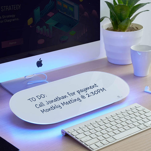 TSJ OFFICE Glass Desktop Whiteboard - 17 X 7 Inches Small Dry Erase Board with Blue Light, Notepad with Drawer for