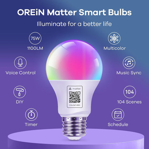 OREiN Matter Smart RGBTW Bulb, 1100 Lumens 75W Equivalent Smart Light Bulbs, Color Changing Light Bulbs Work with Apple Home, Alexa, Google Home, SmartThings, A19 Smart Bulbs 2.4Ghz WiFi, 2Pack by OREiN