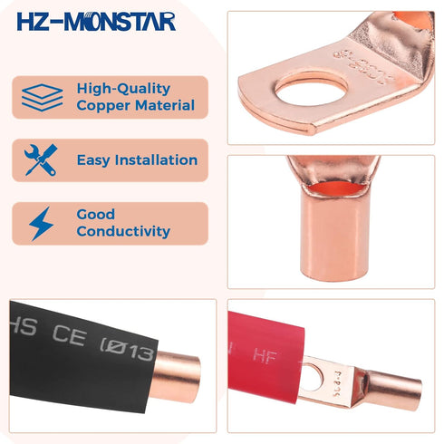240Pcs Copper Wire Lugs with Heat Shrink Set, AWG 2 4 6 8 10 12 Ring Lug Connectors