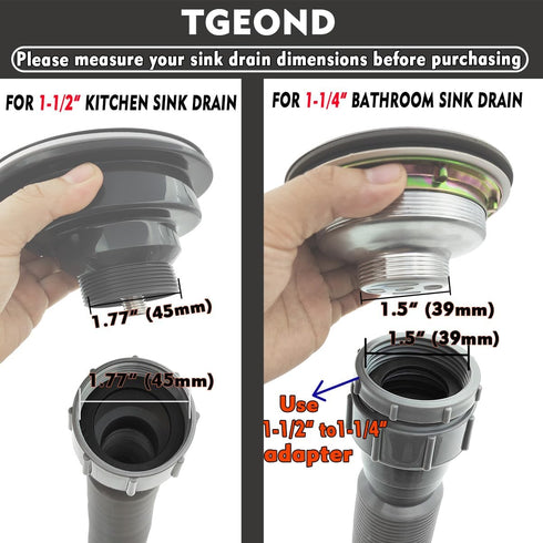 Flexible P-Trap 1-1/2" (Grey) with 1-1/4" Adapter, Female Nut for Kitchen Sink Drain, Variable Height