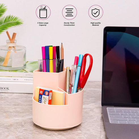 Desk Pencil Pen Holder, 3 Slots 360-Degree Rotating Organizer for Home, Office, School, Kids, Peach Pink