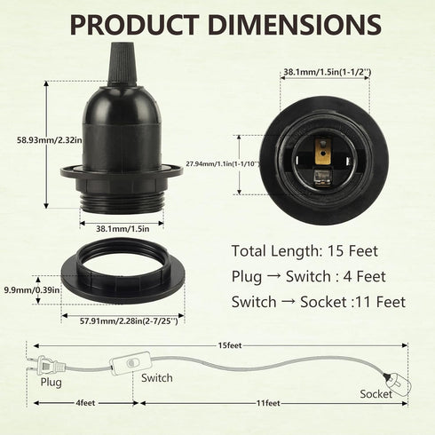 15 Bulb 2 Pack E26 Bulb Pendant Light Cord - Feet Hanging Light with Plug in Cord - Lamp Cord Light Socket with Wire