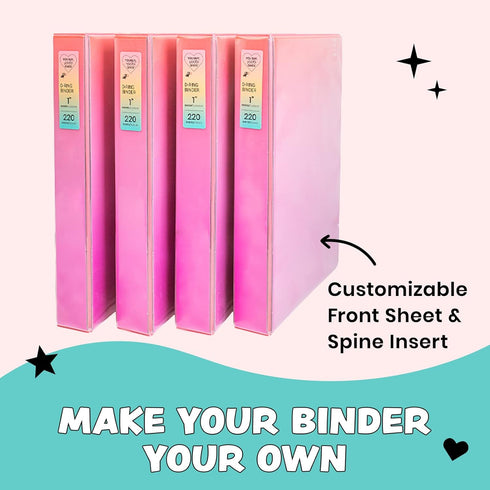 Yoobi 1 Inch Binder Set – 3-Ring Binders with 2 Pockets, Holds up to 220 Sheets, 4 Pack – Pink Ombre