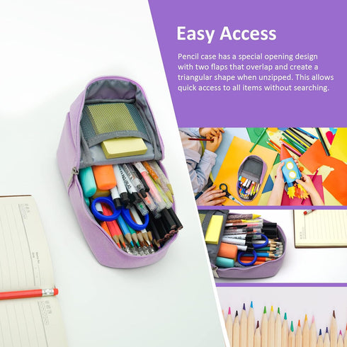 Standing Pencil Case, Large Capacity Zippered Pouch for School Supplies and Office Organization (Purple)