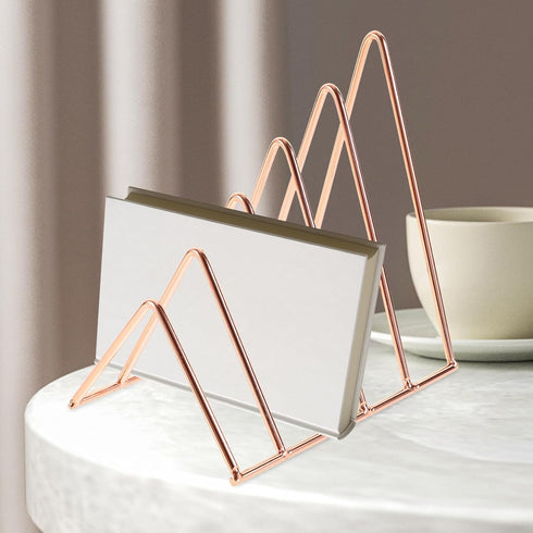 FOMIYES Rose Gold Iron Bookends Desk Organizer Triangular File and Book Stand Decorative Desktop Storage Rack