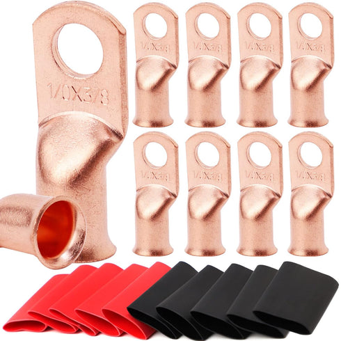 TKDMR 10pcs 1/0 AWG-3/8 Heavy Duty Battery Lugs, Ring Terminals, Battery Cable Ends with 10pcs 3:1 Heat Shrink Tubing