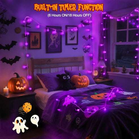 43FT 100LED 13 LORRYTE Connectable Purple Halloween Lights Outdoor Indoor - Globe String Lights Plug in with Timer