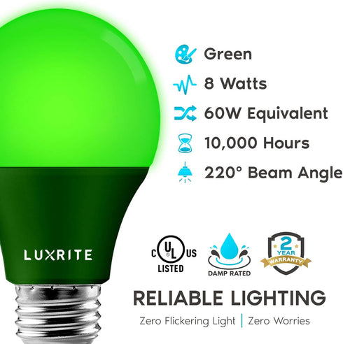 LUXRITE A19 LED Green Light Bulb, 60W Equivalent, Non-Dimmable, E26 Base, Indoor Outdoor, 2 Pack