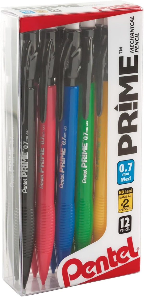 Prime Mechanical Pencils, 0.7mm Medium Point, Assorted Barrel Colors, Pack of 12