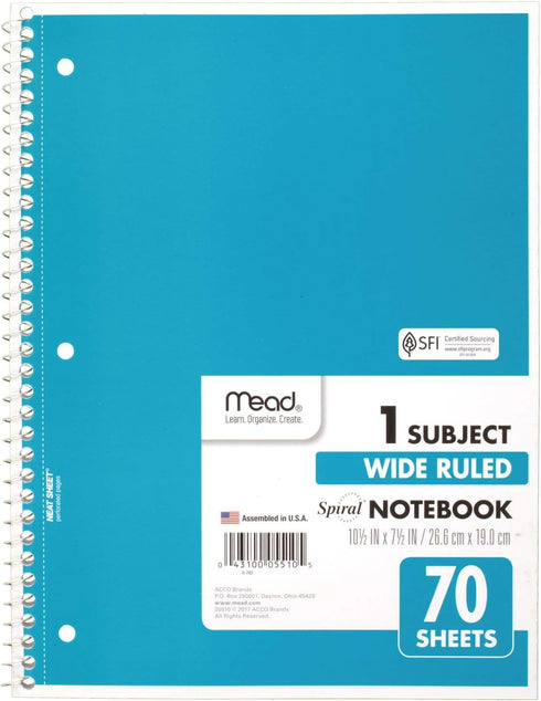 Mead Spiral Notebook, 6 Pack, 1-Subject, Wide Ruled, 70 Sheets per Notebook, 7-1/2" x 10-1/2", Color Varies (73063)