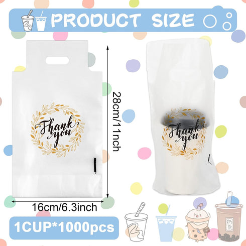 1000 Count 1 Packaging 11 6.3 Inch Whaline Thank You Handle Drinking Bags Cup Handle Drink Carriers Plastic Poly Bags