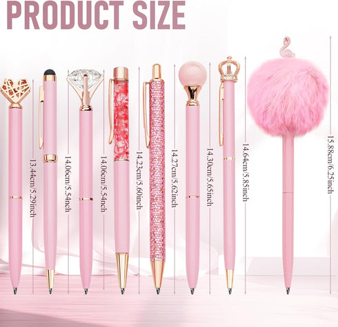 WEMATE 8Pcs Pink Ballpoint Pen Set, Metal Crystal Diamond Glitter Pens for Journaling, Gifts for Women, School, Office