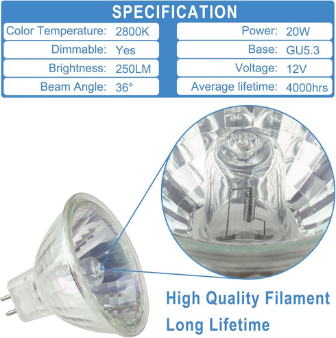 MR16 Halogen Bulb, 12V 20W, GU5.3 Bi-Pin Base, 2800K Warm White Dimmable for Desk Lamp, Track Light (Pack of 4)