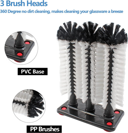 3 Commercial 10.2"x7.3"x3.7" Bonsicoky Long Brush Bar Glass Washer with Suction Base, Brush Cleaner Bristle Brush