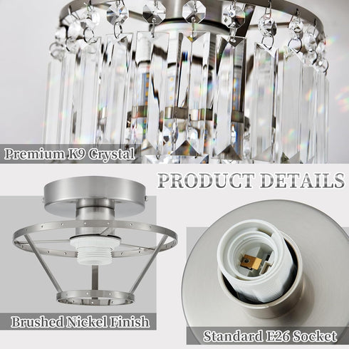 K9 Room,1-Light E26 Crystal Ceiling Chandelier,Mini Chandelier Light Fixture with Crystals,Brushed Nickel Finish