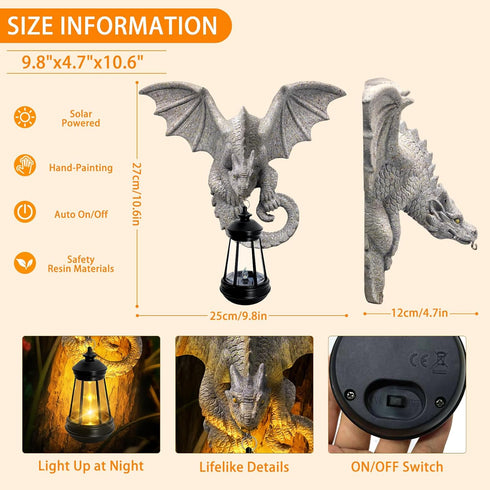 Dragon Tree Hugger Garden Statue - Resin Dragon Figurine Wall Hanger Sculptures Decor with Solar Lantern Lights