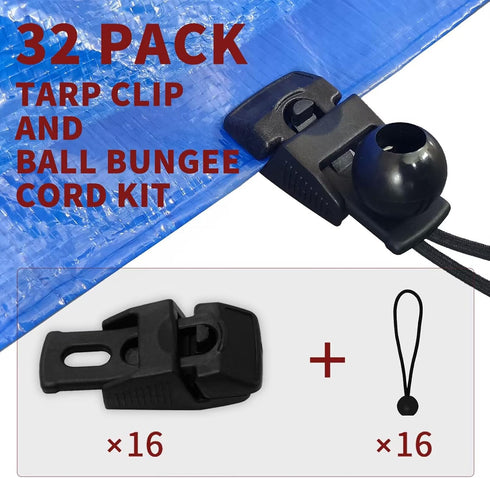 Generic 16PC 0.16"x6" 16PC Lekarf Ball Bungee Cords and Tarp Clips, Black Ball End Elastic Cords with Tarp Clamps Lock