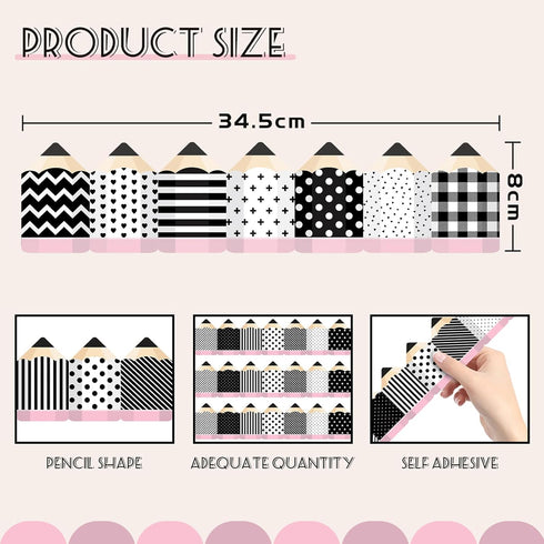 Whaline 80FT Black White Bulletin Border Sticker - 70 Sheet Pencil Border Trim for Classroom Decoration