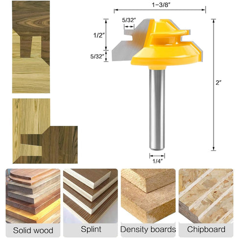 YHSITFNG 45 1/4 Inch 1/2", 5/8", 3/4" (3) Degree Lock Miter Router Bit, Shank, Cutting Height Joint Router Bits