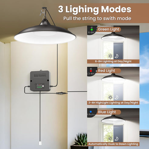 2000LM 3 IP65 Solar Shed Light Indoor Outdoor, Daytime Available Pendant Light with Pull String, Dusk to Dawn, Lighting