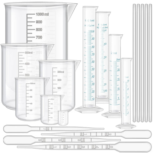 23Pcs Plastic Graduated Cylinders Beakers Set, 6 Clear Cylinders 25/50/100/250/500/1000ml, 4 Beakers 10/25/50/100ml