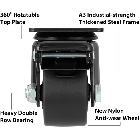 Finnhomy 2 Inch Caster Wheels Set of 4 Heavy Duty Low Profile Plate Swivel Casters with Brake Premium Solid Nylon Wheels 2,200 Lb Anti-wear Lockable Furniture Caster Sturdy for Toolbox Workbench Black