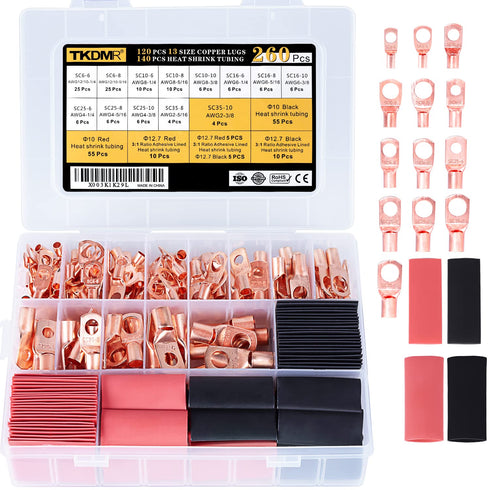 TKDMR 260Pcs Copper Wire Lugs Set, 120Pcs Battery Cable Lugs & 140Pcs Heat Shrink Tubing Assortment Kit