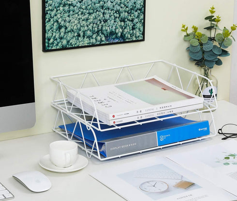 PAG 2 Packs Desktop File Organizer - Metal Stackable Horizontal Letter Tray Paper Holder Rack, White