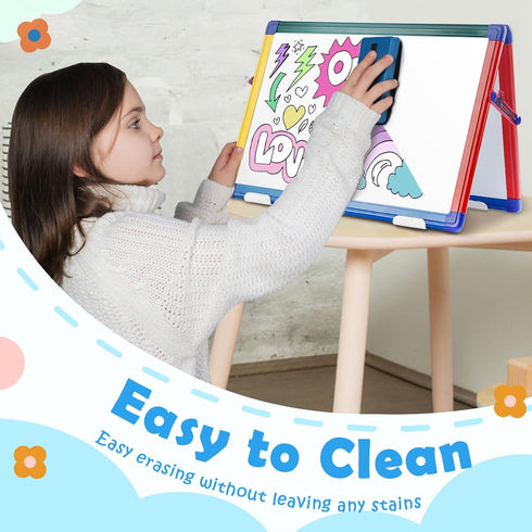 SWANCROWN Portable Magnetic Dry Erase White Board for Kids, 16x12 Inch Double Sided Tabletop Easel with 82Pcs Magnets