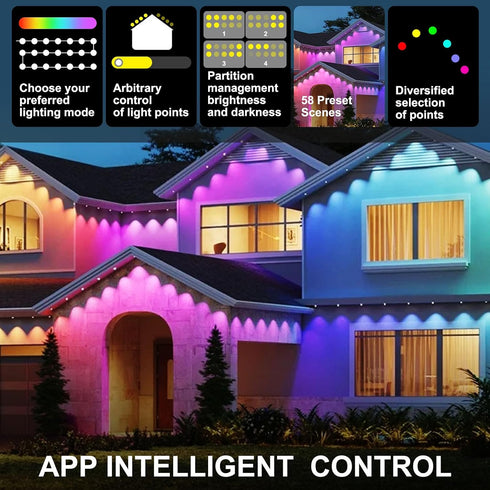 50ft 30 Bulbs 100+ IP67 Permanent Outdoor Eaves Lights, with RGB LED for Festive Decor, Scene Options, Waterproof