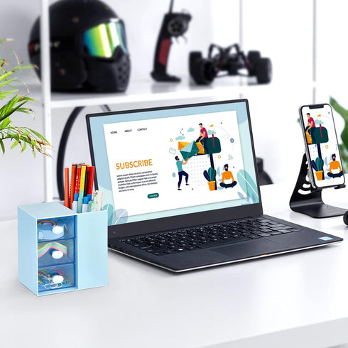LETURE Small Desk Organizer with Drawer - Office School Storage Box for Card/Pen/Pencil/Stationery, Blue Plastic Makeup