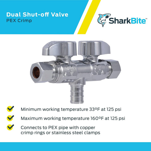 SharkBite 1/2 x 3/8 x 3/8 Inch Brass Crimp Angle Stop Valve, Dual Shut Off, PEX Pipe