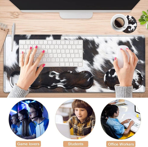 Gaming Mouse Pad XXL Large Desk, Cute Black Cowhide Extended Mousepad with Memory Foam Wrist Rest
