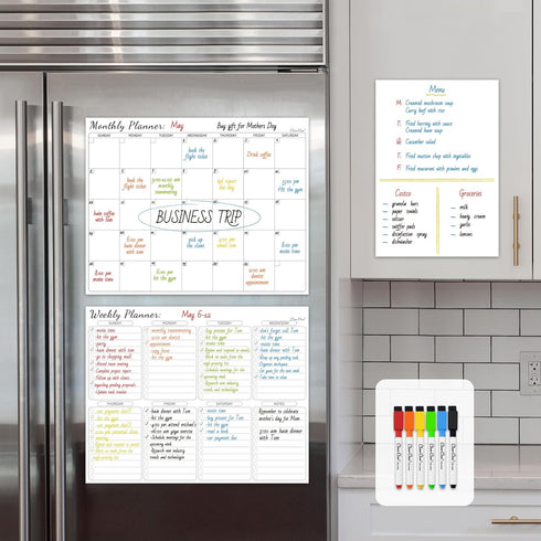Clever Clean Non-Magnetic Calendar Set, Dry Erase Monthly Calendar, Weekly Planner, Blank Whiteboard for Fridge, Smooth