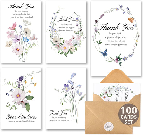 C2U Funeral Thank You Cards with Envelopes(100 Pack 4"x6"),Stickers & Message Inside