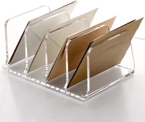 4-Section SANRUI Acrylic Desk File Sorter Organizer Holder, Clear Vertical Letter File Folder Rack, Notebook Magazine