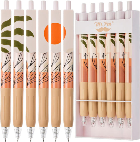 Mr. Pen Retractable Gel Pens, 6 Pack, Boho Theme, Black Fine Point 0.5mm, Fast Dry, Aesthetic Journaling Pens
