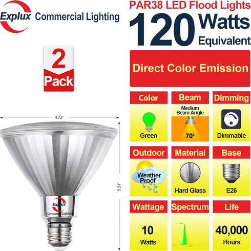PAR38 Bulbs, 120W Dimmable, 2-Pack Explux Full Glass Outdoor Flood Green Light Equivalent Direct LED Color Emission