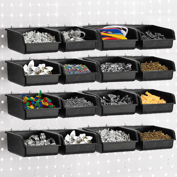Foraineam 16 Pack Pegboard Bins with Metal Hooks, Black Garage Workbench Accessories Kit for Tools Organizer