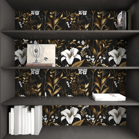 17.5" 393", Laatse Black White Floral Wallpaper Peel and Stick, Dark Gold Vintage Contact Paper x Golden Botanical Wall