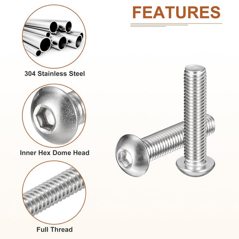 M10-1.5x45mm Button Head Socket Cap Screws, 20 Pack, Good for Machine, 304 Stainless Steel 18/8, Hex Drive Full Thread
