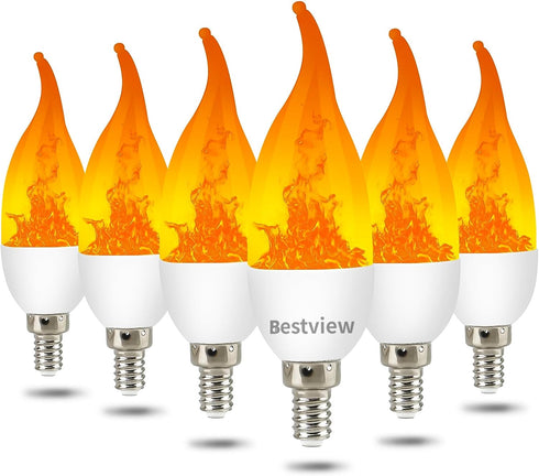 Bestview LED Flame Effect Light Bulbs, 3 Modes Flickering, Smart E12 Chandelier Base Candle Fire Light Bulb, 6 Pack