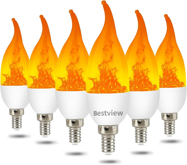 Bestview LED Flame Effect Light Bulbs, 3 Modes Flickering, Smart E12 Chandelier Base Candle Fire Light Bulb, 6 Pack