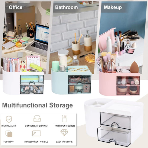 Desk Organizer with Drawer, Small Pencil Holder, 2 Drawers + 4 Compartments for Office Home Storage (White)